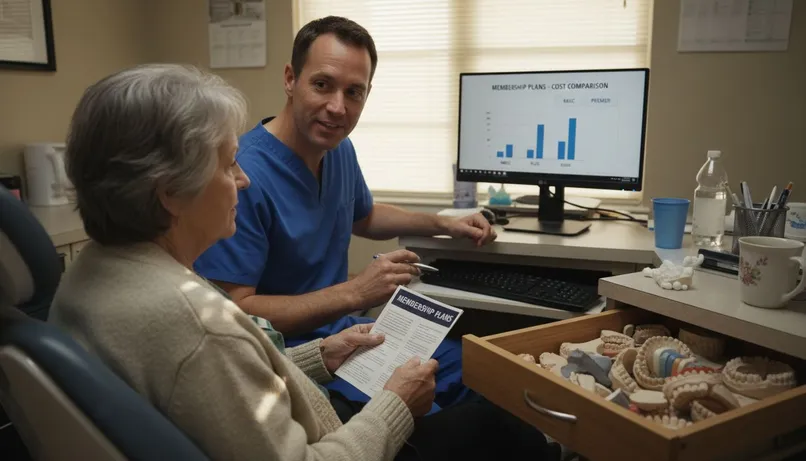 Dentist explains affordable care to senior patient