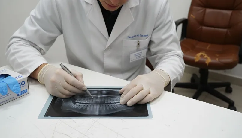 Odontólogo mostrando y explicando una radiografía de un implante dental al paciente.