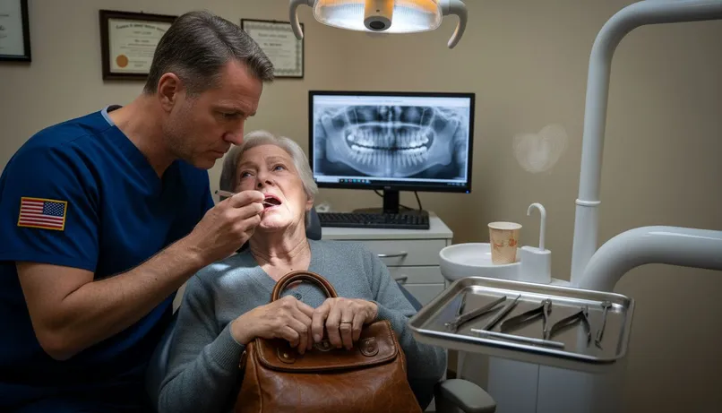 Dentist checking elderly woman’s dental implant concern