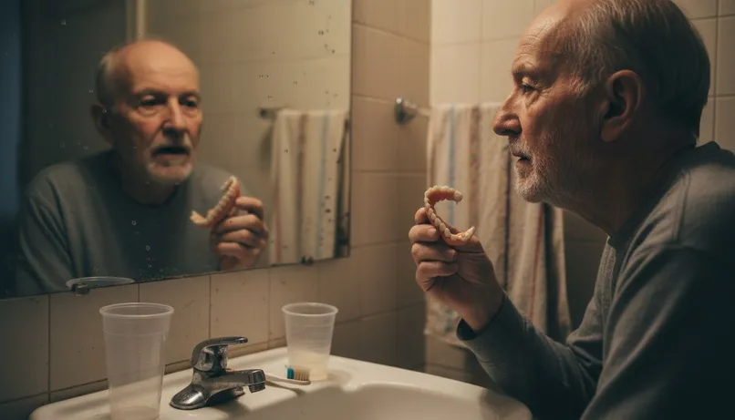 Hombre mayor analizando las diferencias entre su dentadura natural y un implante dental