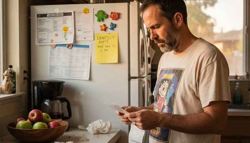 Parent examining dental bill in kitchen