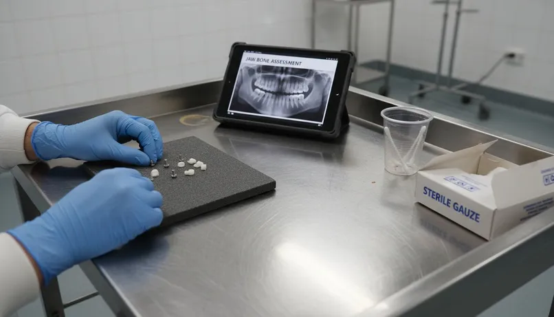 Dental technician checks implant materials