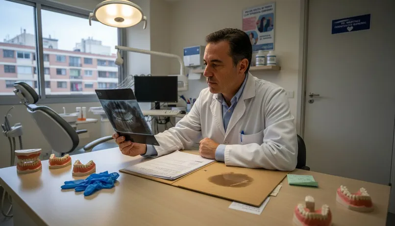 Odontólogo analizando una radiografía en la consulta
