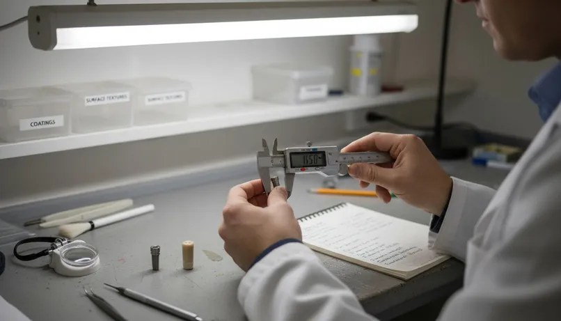 Technician comparing titanium and ceramic implant samples