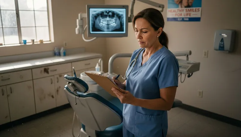 Dental specialist reviewing chart with patient chair