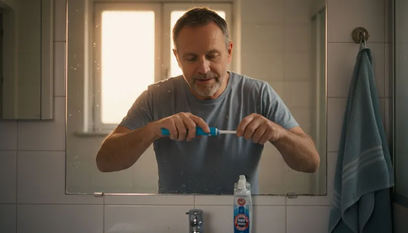 Man practicing post-implant oral hygiene
