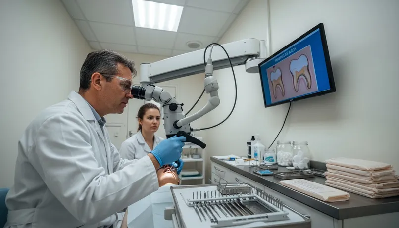 Endodontist using microscope for root canal